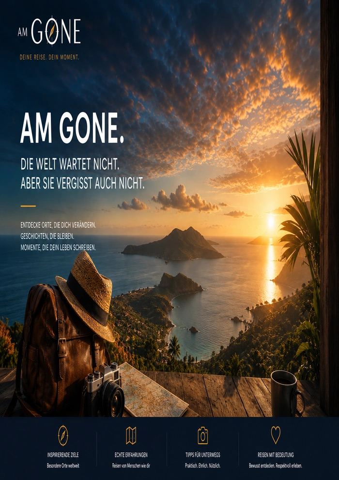 AM GONE – Reiseportal-Sujet mit Sonnenuntergang über einer Inselbucht, Reisetasche, Hut und Kamera