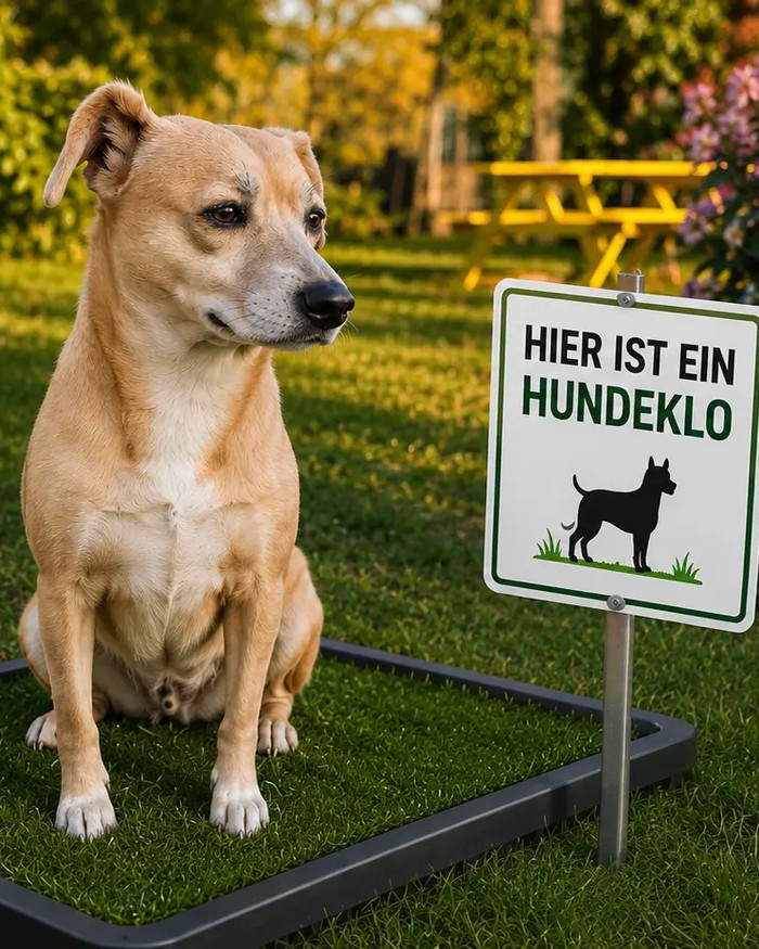Hundeklo.de – Startseite mit Hund auf einem Hundeklo im Garten und Navigation zu Hundeklos, Schildern und Katzenklos