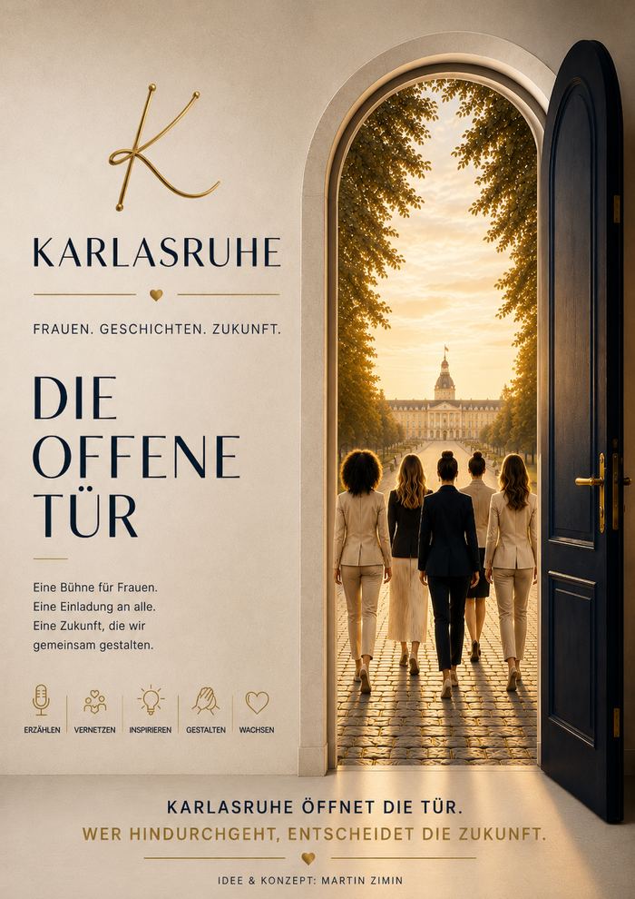 Karlasruhe – Die offene Tür: Sujet mit fünf Frauen, die durch eine geöffnete Tür auf das Karlsruher Schloss zugehen