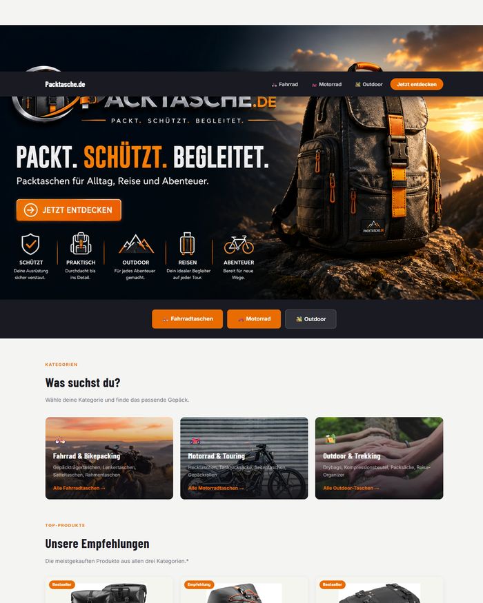 Packtasche.de – Startseite mit Rucksack-Motiv bei Sonnenuntergang und Navigation zu Fahrrad-, Motorrad- und Outdoor-Taschen