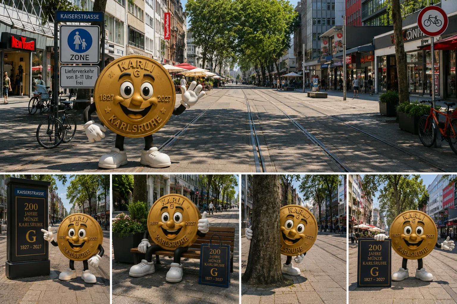 Karli auf der Kaiserstraße Karlsruhe, Collage mit mehreren Ansichten