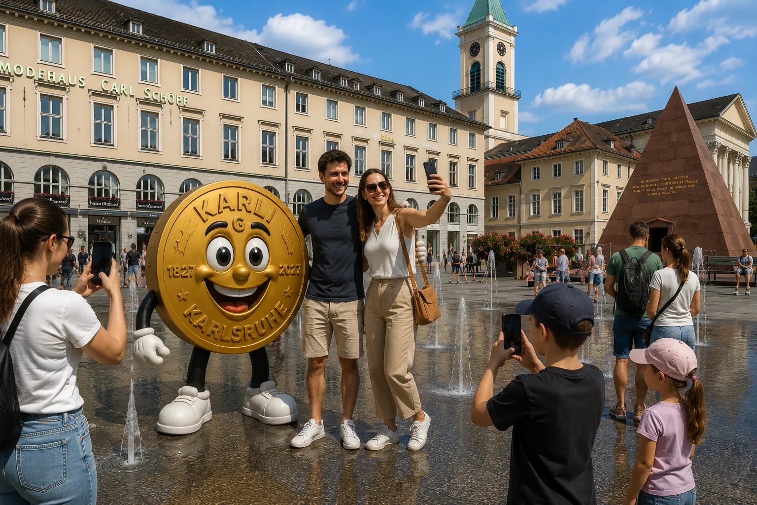 Karli mit Besuchern am Marktplatz Karlsruhe