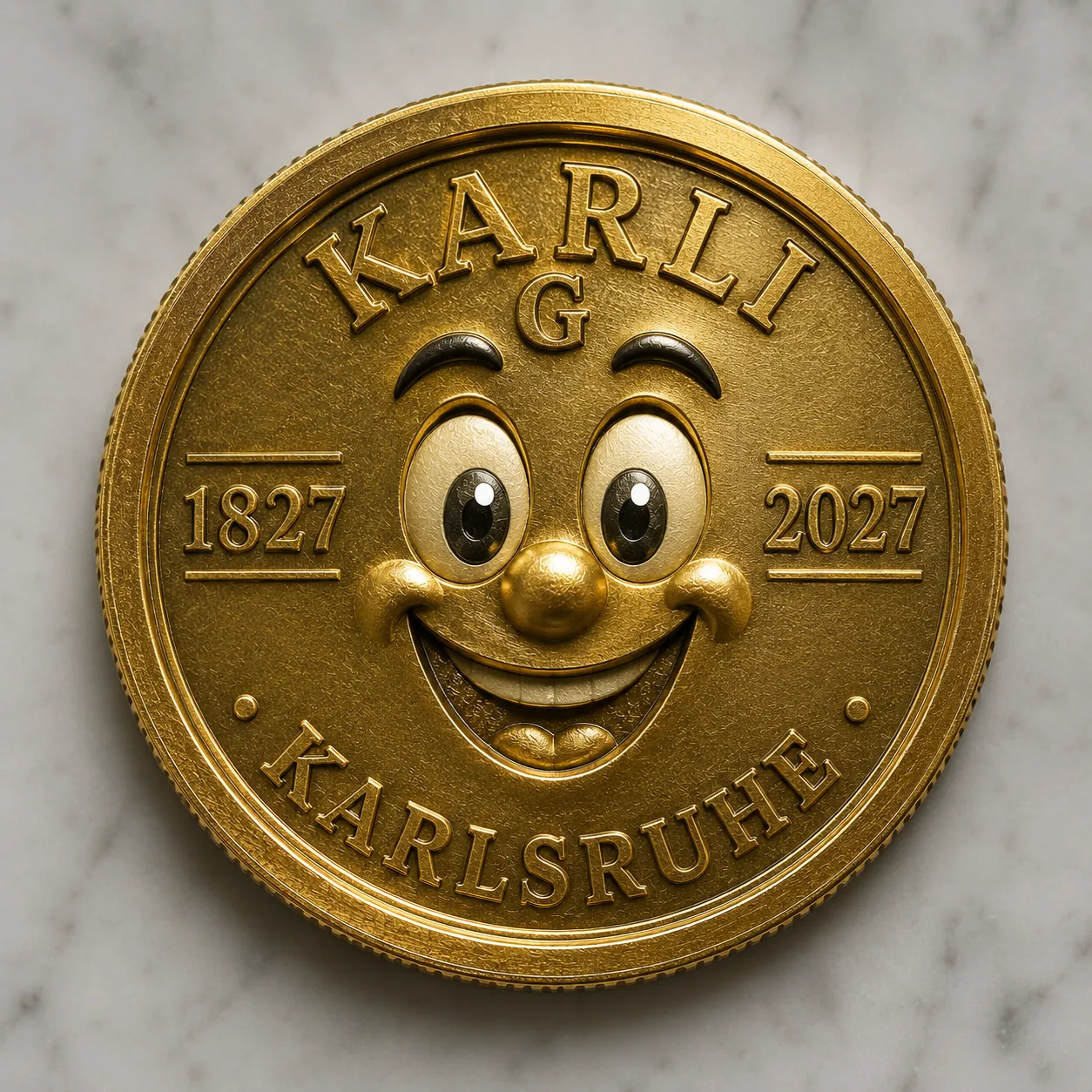 Nahaufnahme der Karli-Münze mit Prägung 1827–2027