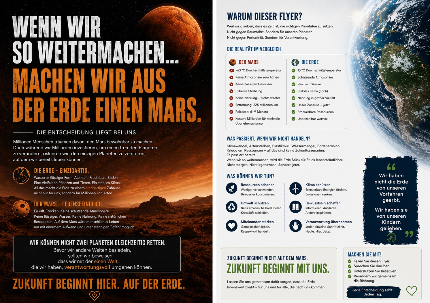 Flyer „Wenn wir so weitermachen, machen wir aus der Erde einen Mars“ mit Vergleichstabelle Erde vs. Mars
